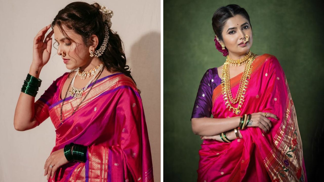 गुलाबी, डार्क गुलाबी किंवा गुलाबी रंगाच्या वेगवेगळ्या छटा असलेली पैठणी साडी गुढीपाडव्याच्या लुकमध्ये सुंदर दिसेल. गुलाबी रंगाच्या पैठणी साडीवर तुम्ही मोत्याचे किंवा सोन्याचे दागिने घालू शकता. 