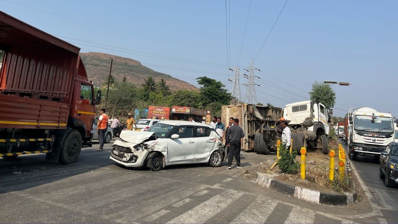 वडगावात पुणे-मुंबई महामार्गावर कार, PMP बस आणि डंपरचा भीषण अपघात; प्रचंड वाहतूक कोंडी