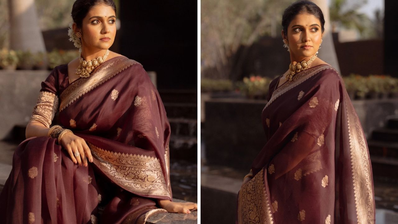 या चंदेरी सिल्क साडीसह रिंकूने गळाबंद चोकर घातला असून त्यासह तिने हातात मॅचिंग बांगड्या, अंगठीही घातली आहे आणि यासह मॅचिंग कानातले घातले आहेत 