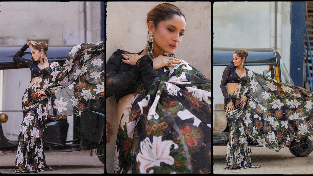 Ankita Lokhande Floral Saree Pose In An Auto Photo Viral