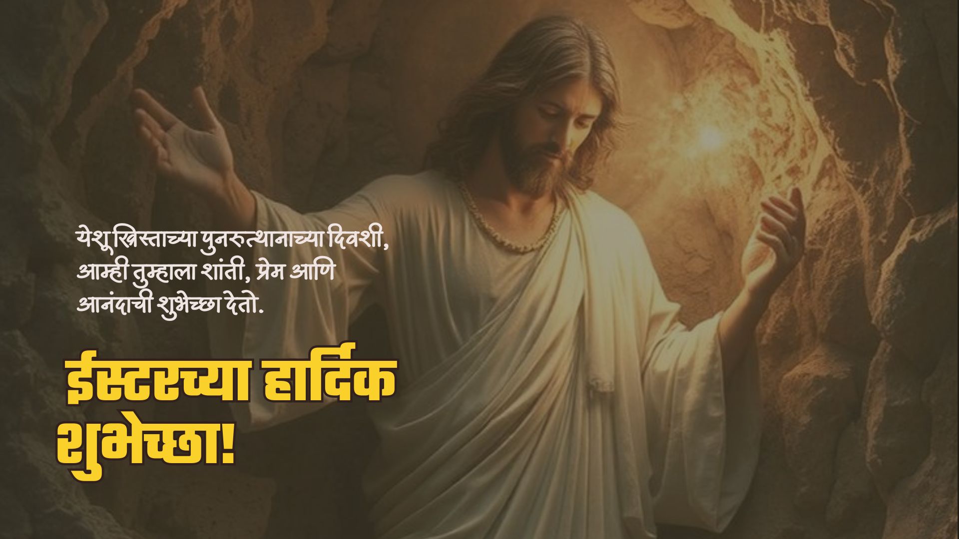 येशू ख्रिस्ताच्या पुनरुत्थानाच्या दिवशी, आम्ही तुम्हाला शांती, प्रेम आणि आनंदाची शुभेच्छा देतो. ईस्टरच्या शुभेच्छा 