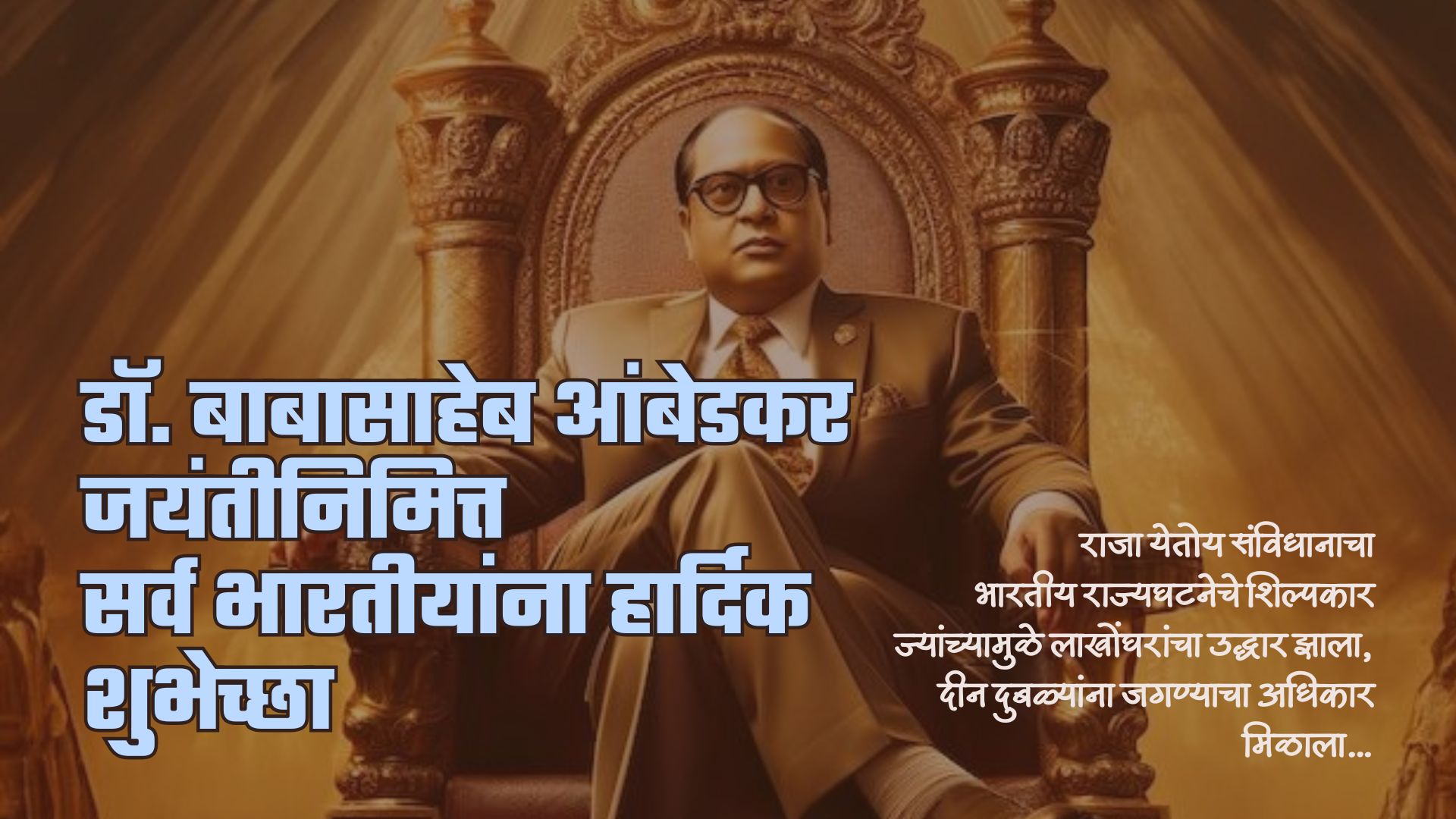 राजा येतोय संविधानाचा भारतीय राज्यघटनेचे शिल्पकार ज्यांच्यामुळे लाखोंघरांचा उद्धार झाला, दीन दुबळ्यांना जगण्याचा अधिकार मिळाला… डॉ. बाबासाहेब आंबेडकर जयंतीनिमित्त सर्व भारतीयांना हार्दिक शुभेच्छा
