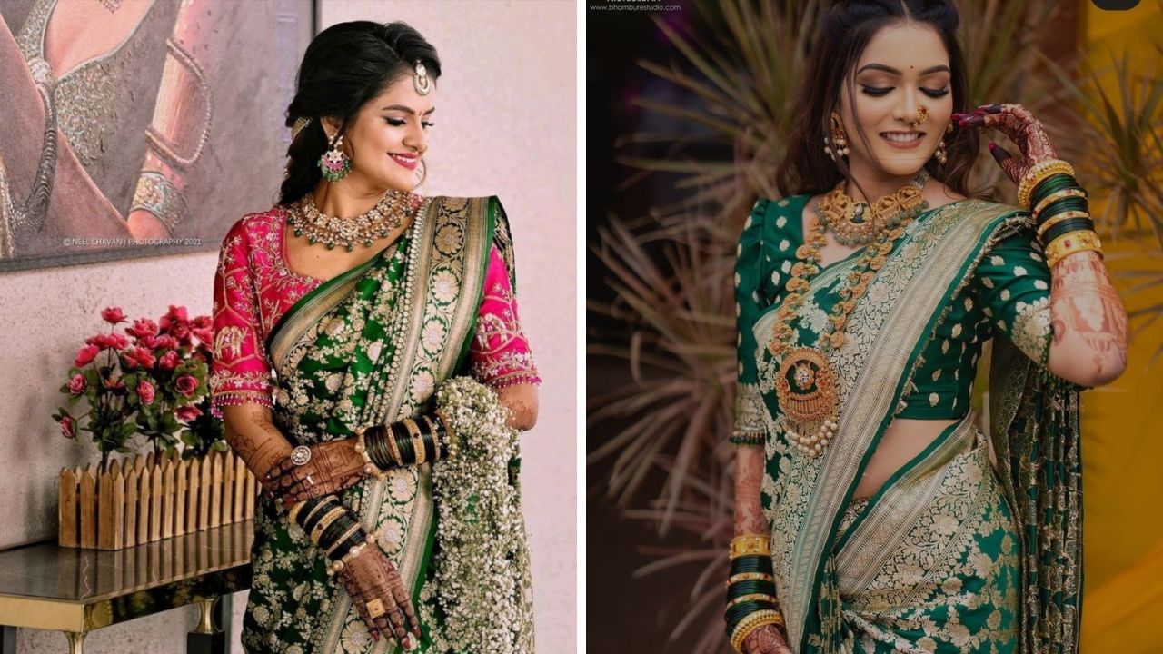 बनारसी साडीमध्ये सर्वच रंग अतिशय सुंदर दिसतात. त्यात सगळ्यांच्या आवडीचा रंग म्हणजे हिरवा रंग. हिरव्या रंगाची बनारसी साडी कोणत्याही कार्यक्रमात तुम्ही नेसू शकता. 