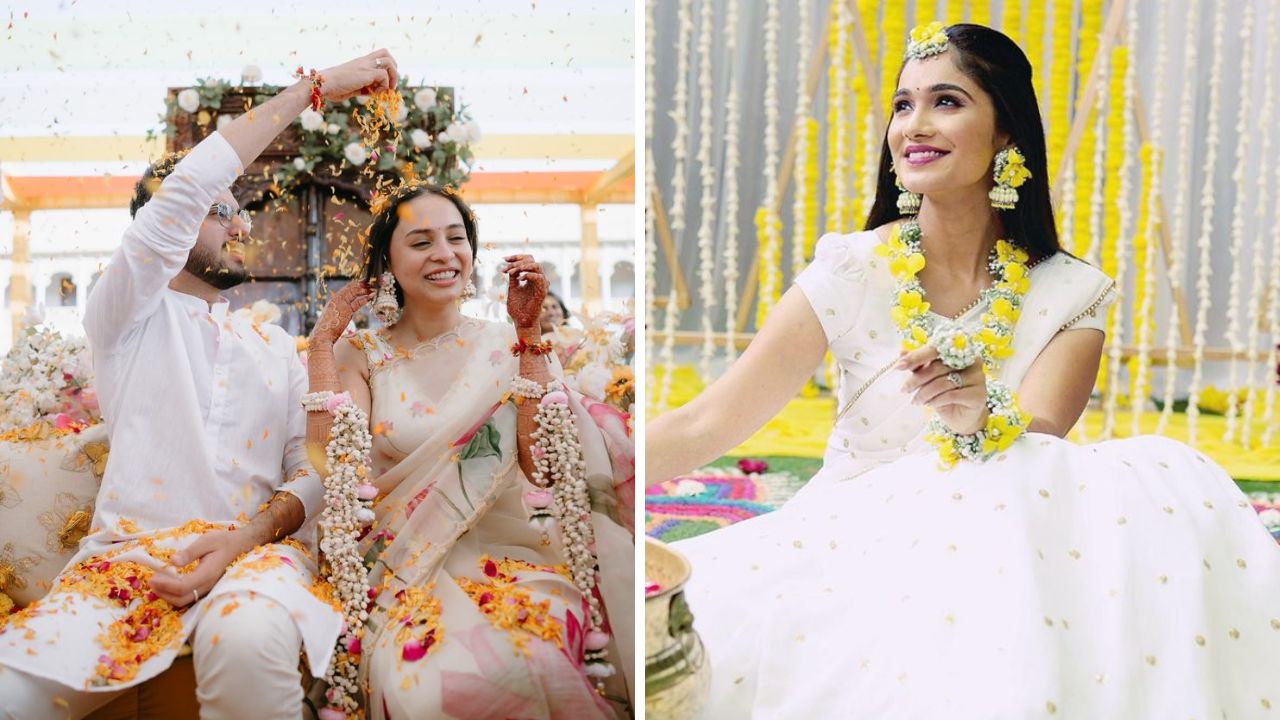 हळदीमध्ये पिवळ्या रंगाव्यतिरिक्त तुम्ही पांढऱ्या रंगाचे कपडे परिधान करू शकता. यामध्ये पांढऱ्या रंगाच्या साडीवर आकर्षक पिवळ्या रंगाची मोठी सूर्यफूल असलेली साडी किंवा लेहेंगा अतिशय सुंदर दिसेल. 