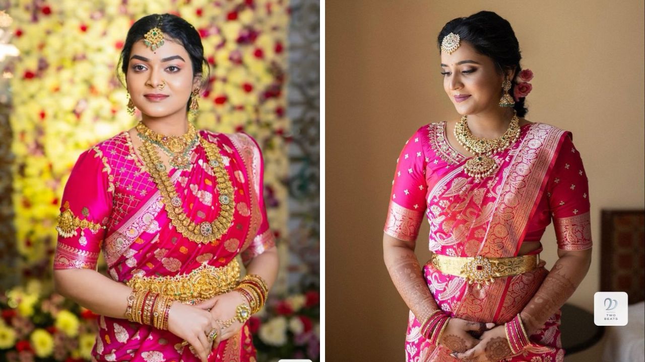 गुलाबी रंगाची साडी सगळ्यांचं खूप आवडते. गुलाबी रंगाची बनारसी साडी तुम्ही लग्नकार्यात किंवा घरातील कार्यक्रमांमध्ये नेसू शकता. या रंगाच्या साडीमध्ये तुमचा लुक रॉयल दिसेल. 
