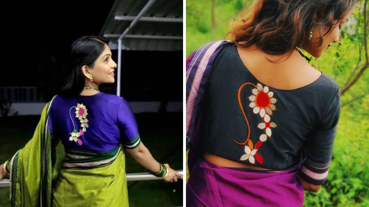 खणाच्या साडीवरील ब्लाऊजवर तुम्ही नथीचे पेंटिंग करू शकता. पारंपरिक दागिना म्हणून नथीची सगळीकडे ओळख आहे. याशिवाय ब्लॉउजवर नथ अतिशय सुंदर दिसेल. 