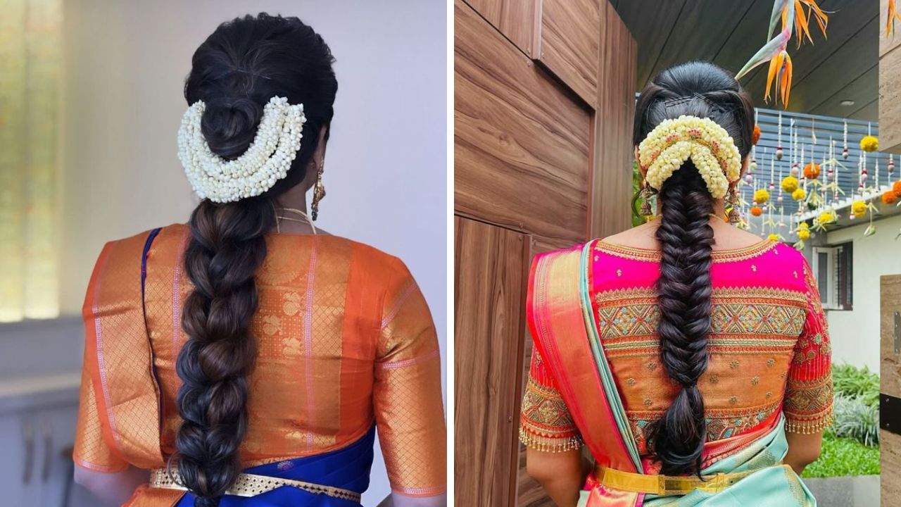 लहान केसांची वेणी घातल्यानंतर केसांमध्ये जास्त गजरा न माळता तुम्ही या पद्धतीने गजरा घालू शकता. वेणीच्या वरच्या बाजूला गजरा लावल्यास केस सुंदर दिसतील.  