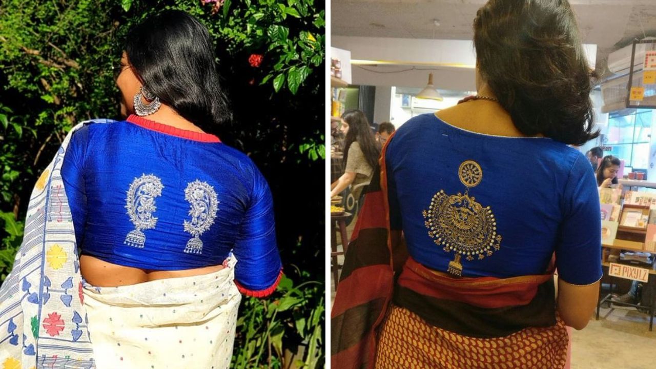 सर्वच महिला आणि मुलींना कानातले घालायला खूप आवडतात. मात्र तुम्ही अधिक स्टयलिश आणि सुंदर दिसण्यासाठी ब्लॉउजच्या मागील गळ्यावर सुंदर कानातल्यांचे हॅन्ड पेंटिंग काढू शकता. 