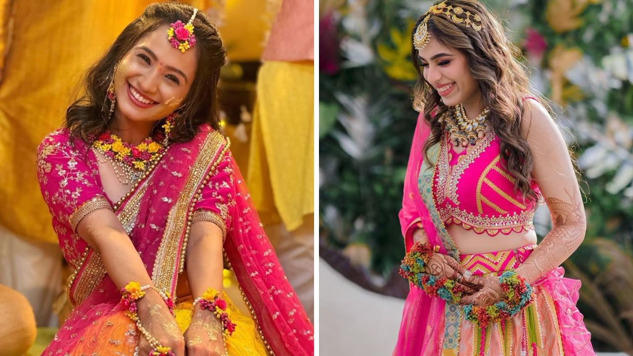 पिवळ्या आणि डार्क गुलाबी रंगाचा लेहेंगा हळदी समारंभासाठी अतिशय उत्तम पर्याय आहे. यामुळे तुमचा लुक काहीसा ट्रेडिशनल आणि स्टायलिश सुद्धा दिसेल.  