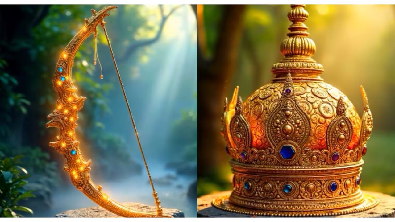 महाभारतातील सर्वात प्रसिद्ध शास्त्रांपैकी एक, अर्जुनाचे धनुष्य देखील एआयद्वारे बनवण्यात आले आहे, हे शौर्याचे प्रतीक आहे. यात अर्जुनाचा तेजस्वी मुकुट देखील दर्शविला आहे, जो त्याच्या भव्य आणि योद्धा स्वरूपाचे सूचक आहे
