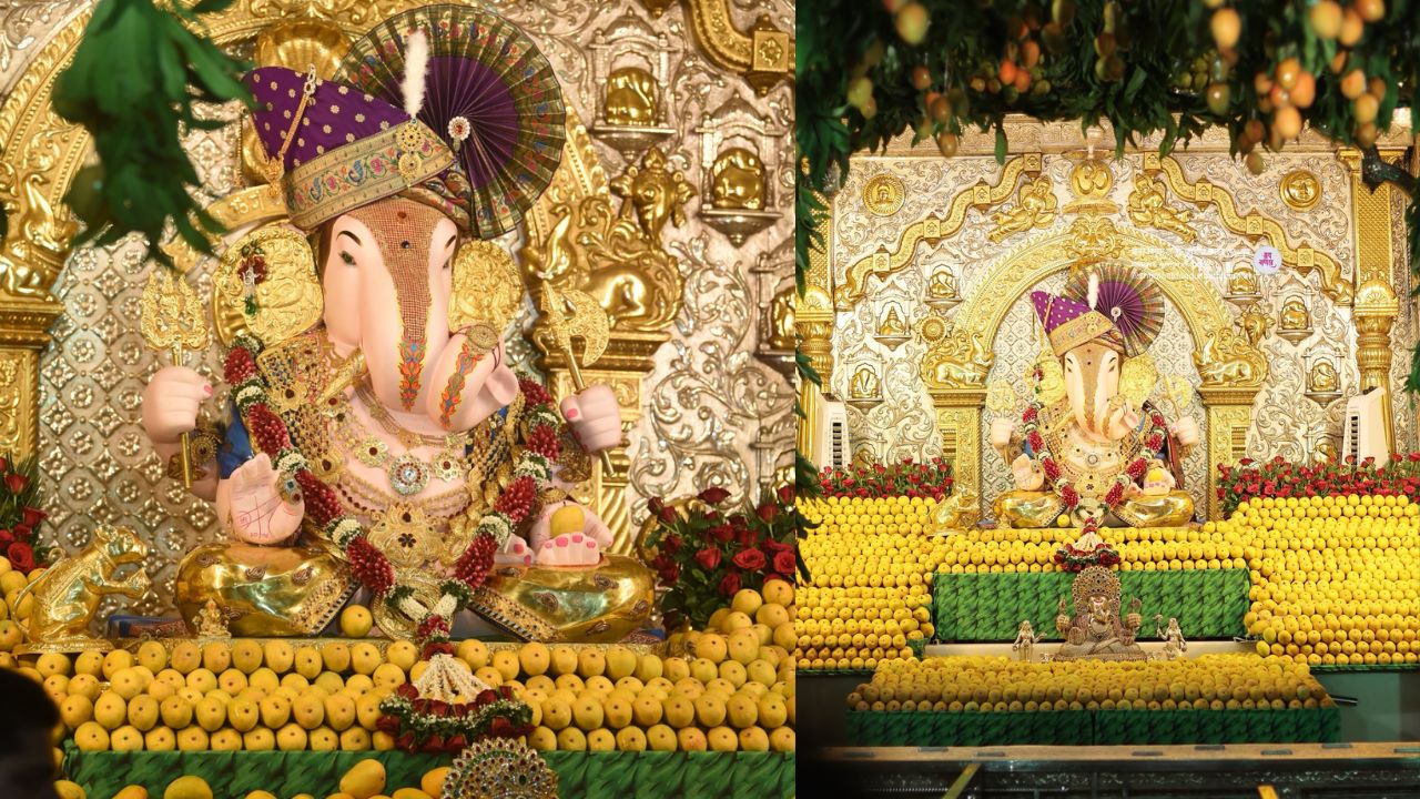गणरायाच्या मुर्तीभोवती आंब्यांची आकर्षक आरास करण्यात आली आहे. ही सुंदर आरास भाविकांचे लक्ष वेधून घेत आहे. 