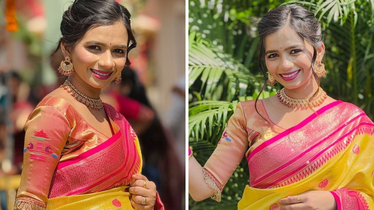पैठणी साडीप्रमाणेच सोशल मीडियावर पैठणी ब्लाऊजची सुद्धा खूप मोठी क्रेझ आहे. त्यामुळे तुम्ही काठपदरच्या पिवळ्या किंवा इतर रंगाच्या साडीवर पैठणी ब्लाऊज घालू शकता. यामध्ये तुमचा लुक इतरांपेक्षा हटके दिसेल. 