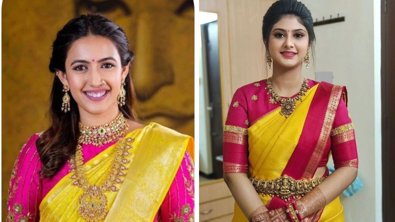 पिवळ्या रंगाच्या साडीवर तुम्ही गुलाबी रंगाचा सुंदर ब्लाऊज परिधान करू शकता. डार्क गुलाबी रंगाचा प्लेन ब्लाऊज किंवा वर्क केलेला ब्लॉउज  पिवळ्या रंगाच्या साडीवर उठावदार दिसेल. 