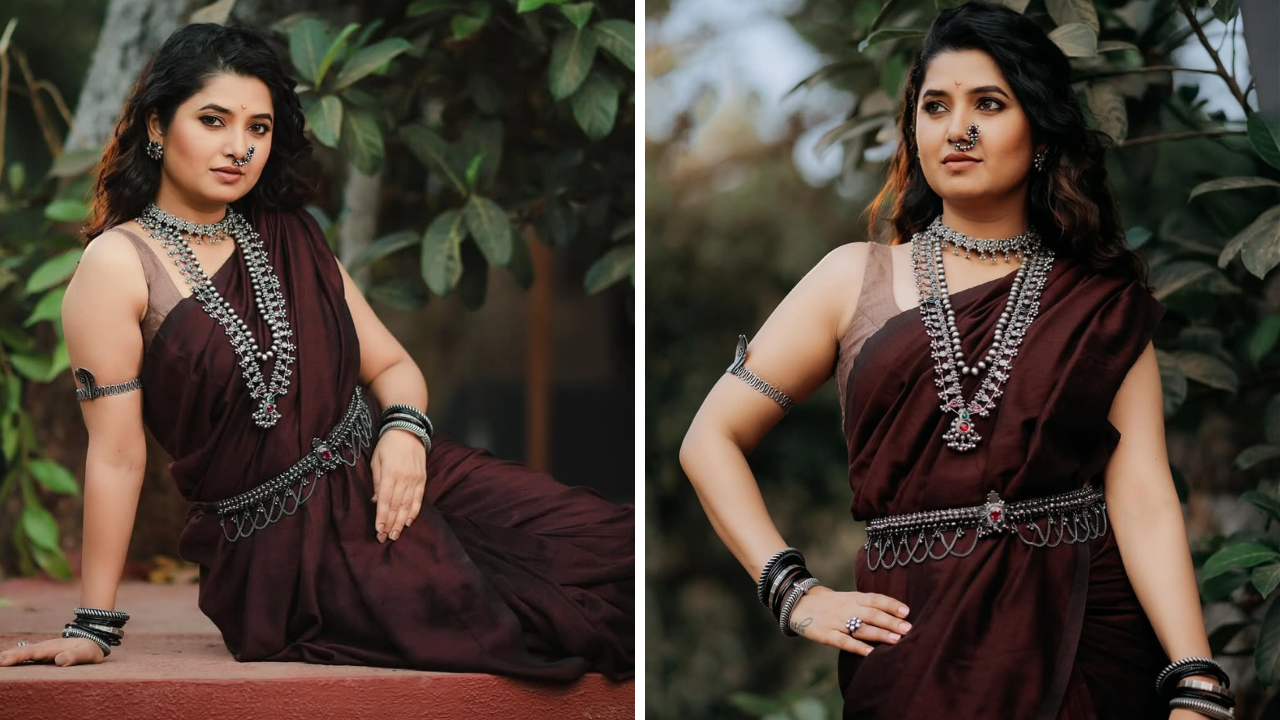 या संपूर्ण साडीच्या लुकसह तिने न्यूड मेकअप निवडला असून फाऊंडेशन, कन्सीलर, ब्राऊन आयशॅडो, काजळ, लायनर आणि न्यूड लिपस्टिक शेडचा वापर केला आहे 