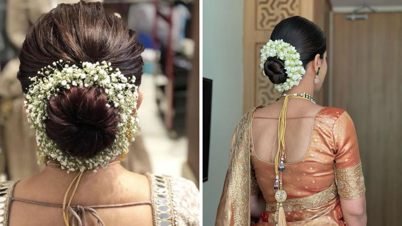 लग्नातील रिसेप्शन लुकसाठी तुमच्याकडे कमी वेळ असल्यास तुम्ही सोप्या पद्धतीमध्ये बन हेअर स्टाईल करू शकता. बन हेअर स्टाईल करण्यासाठी जास्त वेळ लागत नाही. अंबाडा बांधून त्यावर तुम्ही गजरे किंवा फुल लावू शकता. 