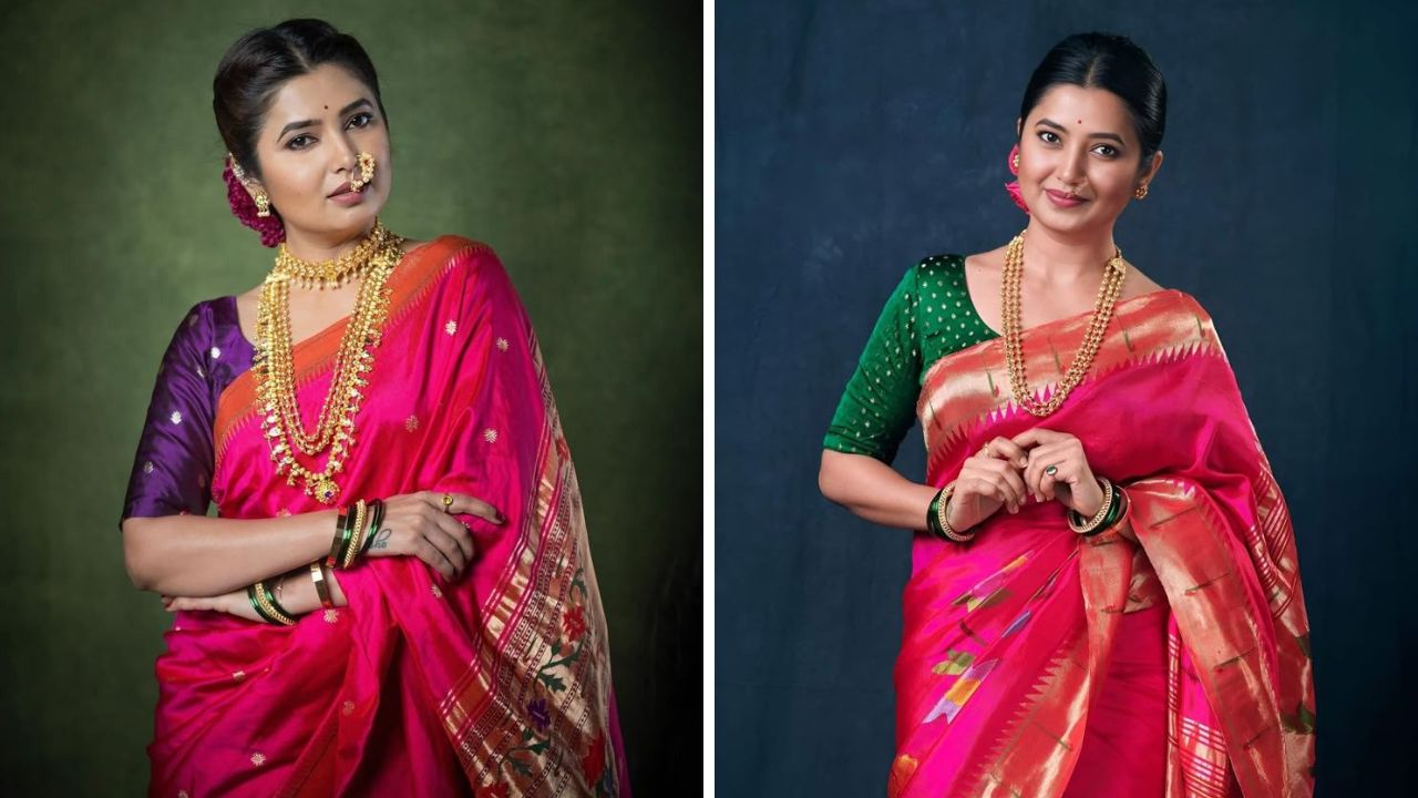 कोणत्याही रंगाच्या पैठणी साडीवर तुम्ही कॉन्ट्रास्ट ब्लाऊज शिवून घेऊ शकता. लाल किंवा गुलाबी रंगाच्या नक्षीदार पैठणी साडीवर हिरव्या रंगाचा ब्लाऊज अतिशय सुंदर दिसेल. 