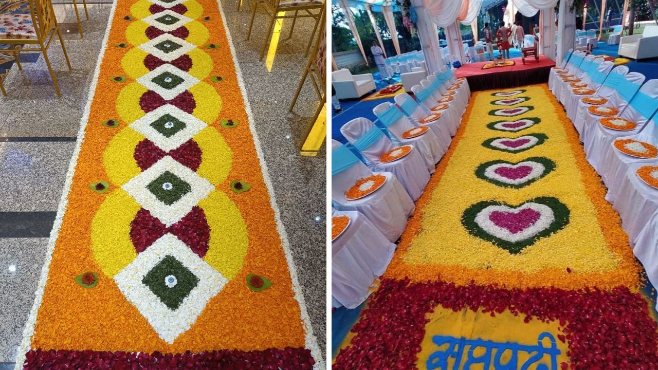 लग्न म्हंटल की खूप जास्त घाईगडबड होते. अशावेळी कमीत कमी वेळेत तुम्ही या पद्धतीचे डेकोरेशन सप्तपदीसाठी करू शकता. फुलांची रांगोळी अतिशय उठावदार दिसेल. 