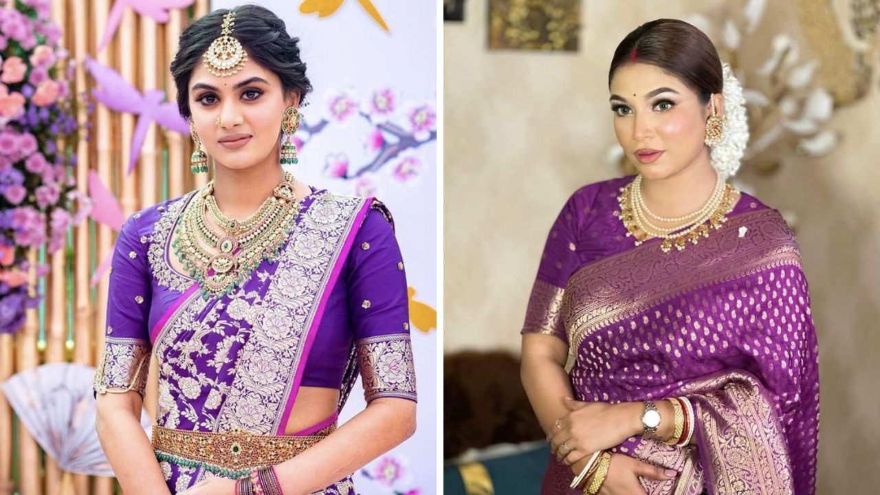 कोणत्याही त्वचेच्या रंगावर जांभळा रंग अतिशय सुंदर आणि उठावदार दिसतो. जांभळ्या रंगाच्या सुंदर बनारसी साडीवर तुम्ही पांढऱ्या मोत्याचे किंवा सोन्याचे दागिने परिधान करू शकता. 
