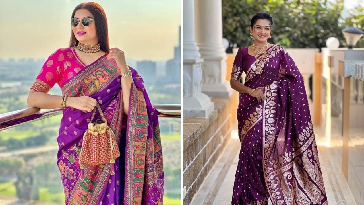 जांभळ्या रंगाच्या साड्या फार कमी महिलांकडे असतात. पण जांभळा रंग कोणत्याही त्वचेच्या रंगावर अतिशय सुंदर दिसतो.  सिल्क, शिफॉन, जॉर्जेट, बनारसी, कॉटन इत्यादी फॅब्रिकमध्ये तुम्ही जांभळ्या रंगाची साडी खरेदी करू शकता. 