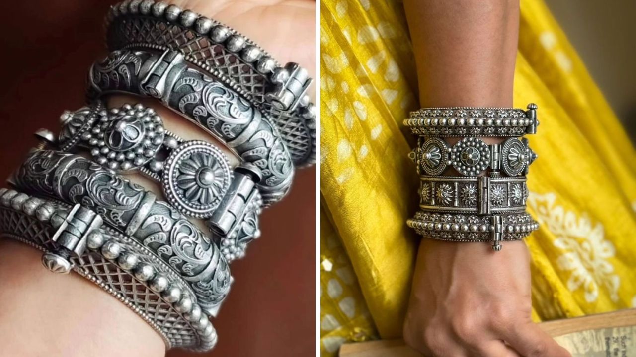 टेम्पल डिझाइन्समधील दागिने अतिशय सुंदर आणि उठावदार दिसतात. कोणतीही सिल्क किंवा कॉटनची साडी नेसल्यानंतर त्यावर तुम्ही चांदीची बांगडी किंवा कडा परिधान करू शकता. 