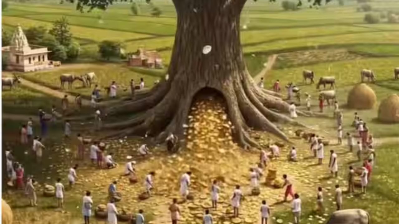 व्हिडिओमध्ये, मुले, वृद्ध आणि महिला सर्वजण झाडांवरून पडलेले नाणी गोळा करण्यात व्यस्त दिसत आहेत, जणू काही गावात खजिन्याचा पाऊस पडत आहे
