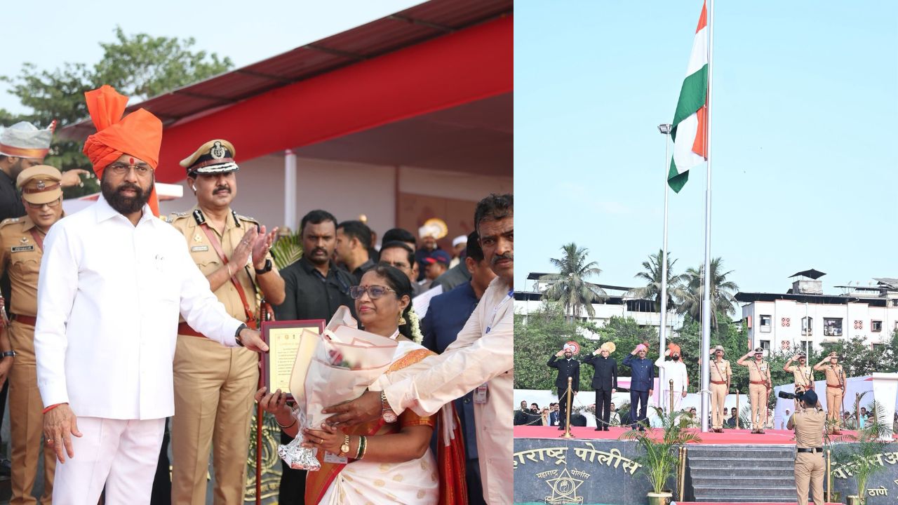 उपमुख्यमंत्री एकनाथ शिंदे यांनी १ मे महाराष्ट्र दिन आणि आंतरराष्ट्रीय कामगार दिनानिमित्त ठाण्यातील साकेत पोलीस मैदान येथे उपस्थित राहून ध्वजवंदन केले. 