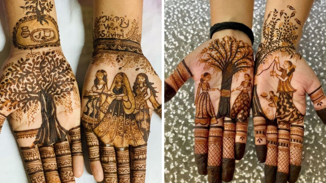 वटपौर्णिमेला मेहंदी काढताना तुम्ही वडाचे झाड आणि त्याभोवती फेऱ्या मारत असलेल्या स्त्रीचे सुंदर चित्र मेहेंदीमध्ये काढू शकता. यामुळे तुमचे हात भरलेले वाटतील. 