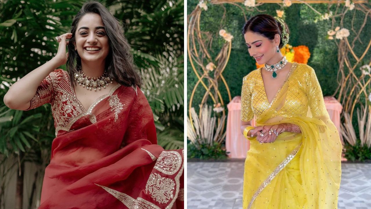 सासरी गेल्यानंतर पहिल्याच दिवशी सुंदर दिसायचे असेल तर तुम्ही मिरर वर्क पॉली जॉर्जेट साडी नेसू शकता. ही साडी अतिशय हेवी आणि रिच लुक देते. साडीमध्ये एथनिक मोटिफ्स आणि मिरर वर्क करून नक्षीकाम केले जातात. 