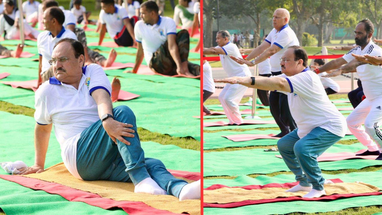 भाजपाचे राष्ट्रीय अध्यक्ष आणि केंद्रीय मंत्री जे पी नड्डा यांनी ११ व्या आंतरराष्ट्रीय योग दिनानिमित्त आज नवी दिल्लीतील कर्तव्य पथ येथे योगधारणा केली.