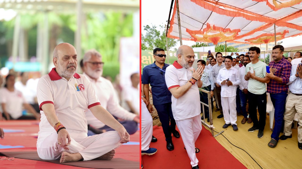 'आंतरराष्ट्रीय योग दिना'निमित्त अहमदाबादमधील स्थानिक रहिवाशांसोबत केंद्रीय गृहमंत्री अमित शाह यांनी योगासने केली. तसेच यावेळी त्यांनी स्थानिकांशी संवाद साधला आहे. 