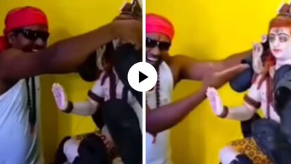 विनाशकाली विपरित बुद्धी! डोळ्यांवर गॉगल, गळ्यात रुद्राक्षाची माळ अन् नाचत नाचत भगवान शिवाच्या मुर्तीला घातला चप्पलांचा हार