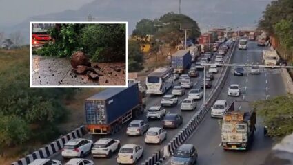 मुंबई-पुणे एक्सप्रेस वेवर दरड कोसळली, मुंबई लेनवरील वाहतूक ठप्प
