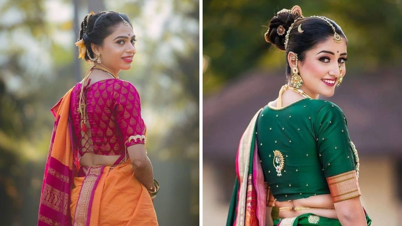 नऊवारी साडी नेसल्यानंतर प्रामुख्याने पारंपरिक लुक केला जातो. त्यामुळे तुम्ही बंद गळ्याचे सुंदर ब्लाऊज शिवून त्यावर नथ किंवा इतर डिझाईनचे आरी वर्क करून घेऊ शकता. 