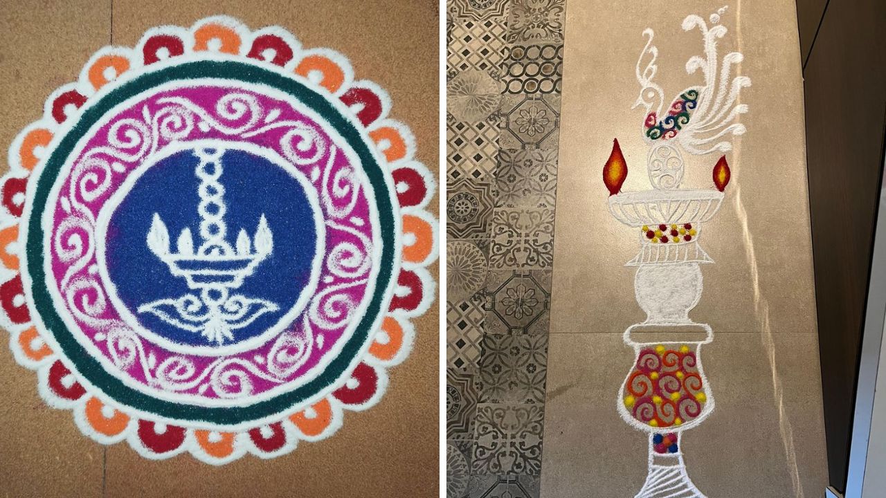 दीप अमावस्येला तुम्ही या डिझाईनची साधी सोपी आणि सुटसुटीत रांगोळी काढू शकता. यामध्ये वेगवेगळ्या रंगाचा वापर करून मध्यमभागीं सुंदर समई किंवा दिवा काढू शकता. 