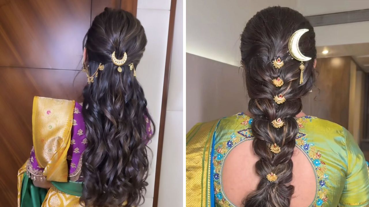 नऊवारी किंवा पैठणी साडी नेसल्यानंतर त्यावर तुम्ही चंद्रकोर असलेले हेअर पिन्स लावून सुंदर मोकळ्या केसांची हेअर स्टाईल करू शकता. मोकळ्या केसांमध्ये चंद्रकोर अतिशय सुंदर आणि उठावदार दिसते. 