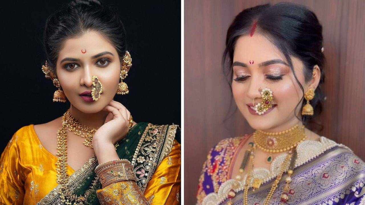 हेवी काठ आणि गडद रंगाची नऊवारी किंवा सहावारी साडी नेसल्यास या डिझाईनची नथ नाकात घालू शकता. मणी, मोती आणि डायमंडचा वापर करून या डिझाईन्सच्या नथ हाताने बनवल्या जातात. 