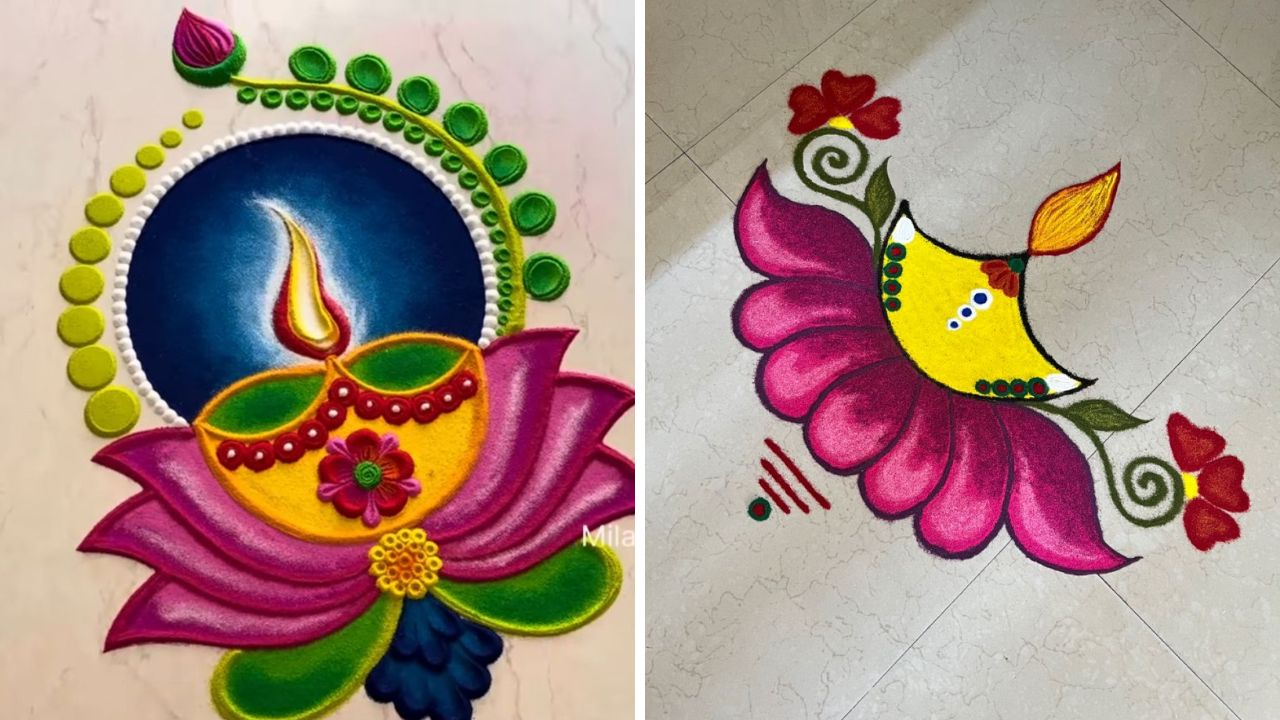 या डिझाईनची रांगोळी काढून मध्यभागी दिव्यांची सजावट केल्यास अंगण सुंदर वाटेल. तसेच वेगवेगळ्या रंगाचा वापर करून काढलेली रांगोळी अंगणात अतिशय उठावदार दिसते. 