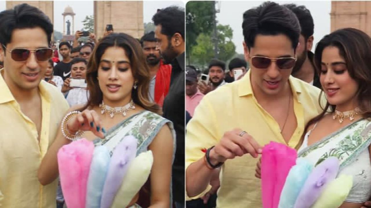 यानंतर, फोटोमध्ये जान्हवी इंडिया गेटसमोर कापसाची कँडी खाताना दिसली आहे. तिच्यासोबत सिद्धार्थदेखील आहे आणि दोघांनी अप्रतिम फोटोशूट केले आहे. 