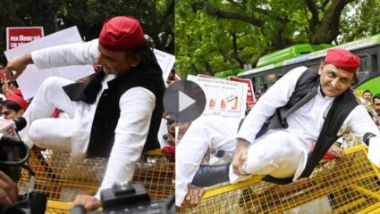 Akilesh yadav Jump over barricade : अखिलेश यादव यांचे फिल्मी स्टाईल आंदोलन; थेट बॅरिकेटवरुन पलिकडे उडी, पोलिसांची दमछाक