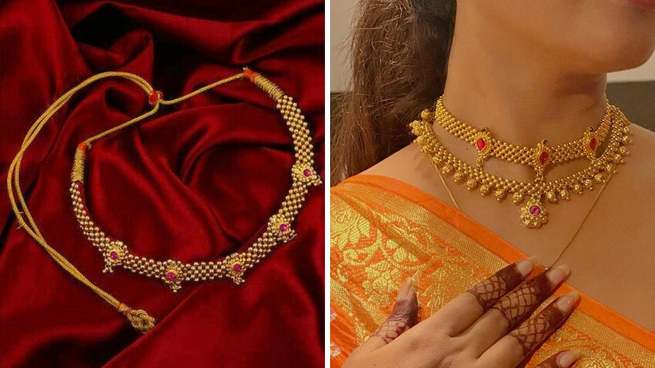 नऊवारी किंवा सहावारी साडी नेसल्यानंतर तुम्ही या डिझाईनची ठुशी परिधान करू शकता. गुलाबी खडे आणि सोन्याच्या मण्यांचा वापर करून बनवलेली ठुशी गळ्यात अतिशय सुंदर दिसेल.  