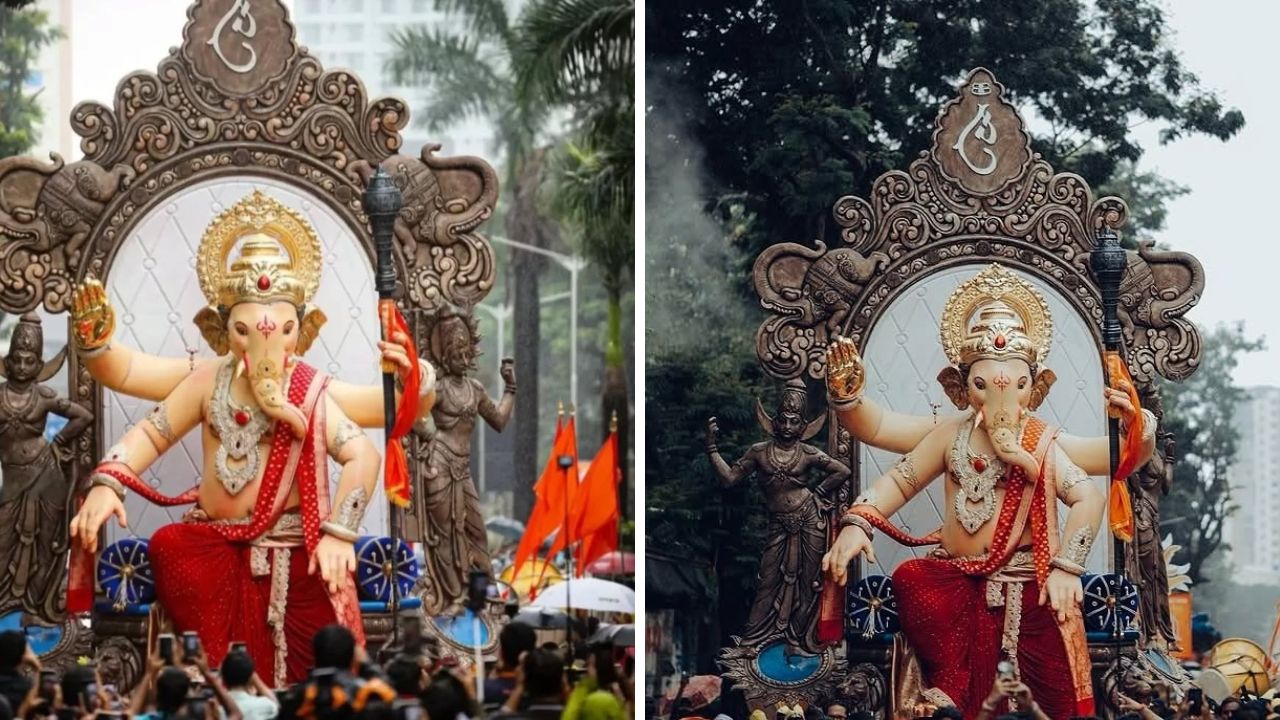 यंदाच्या वर्षी बाप्पा छत्रपती संभाजी महाराज यांच्या रूपात साकारण्यात आला आहे. यामध्ये बाप्पाचा शाही थाट दिसून येत आहे. आगमनावेळी बाप्पाला लाल रंगाचे धोतर आणि लाल रंगाचा शेला परिधान करण्यात आला आहे. 