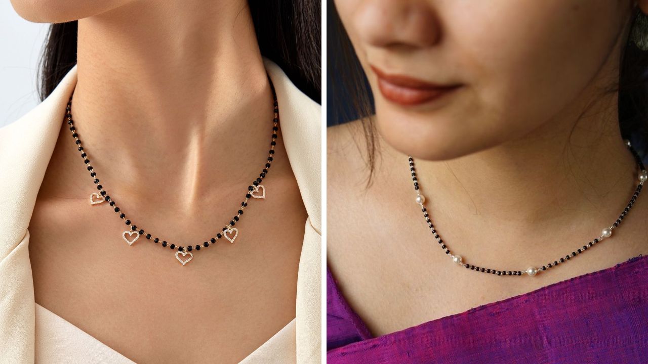 या डिझाईनच्या मंगळसूत्राची सोशल मीडियावर मोठी क्रेझ आहे. काळ्या मण्यांमध्ये नाजूक साजूक डायमंड किंवा मोती लावल्यास स्टायलिश लुक दिसेल. 