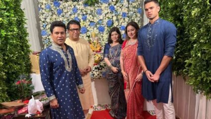 क्रिकेटचा देव सचिन तेंडुलकर कुटुंबासह ‘शिवतीर्थ’ वर; राज ठाकरेंसह केली बाप्पाची पूजा