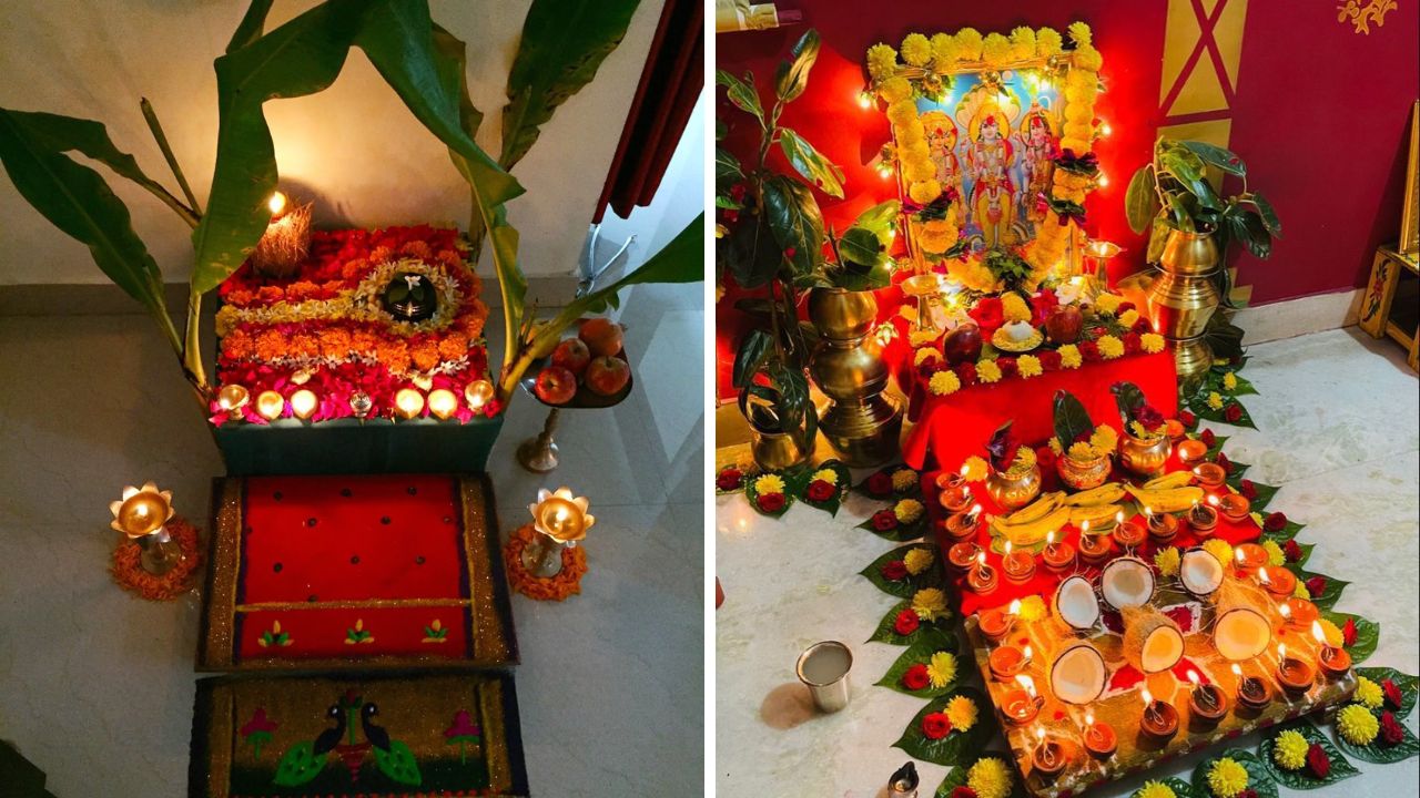 पूजेच्या पाटावर चारीही बाजूने केळीची खांब लावून या पद्धतीने तुम्ही पाटावर पूजा मांडू शकता. याशिवाय पूजा मांडण्याच्या आधी पाटावर रंगीत कापड टाकावे. यामुळे तुमचे डेकोरेशन अधिकच सुंदर वाटेल. 