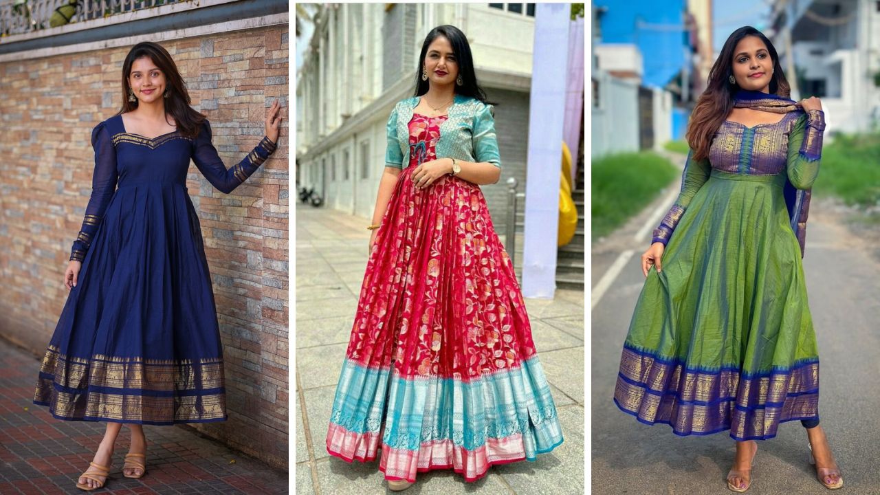 सहावारी किंवा दहावरी साडीचा वापर करून शिवलेले अनारकली ड्रेस तुमच्यावर अतिशय सुंदर दिसतील. अनारकली ड्रेसवर तुम्ही ओढणी सुद्धा घेऊ शकता. 