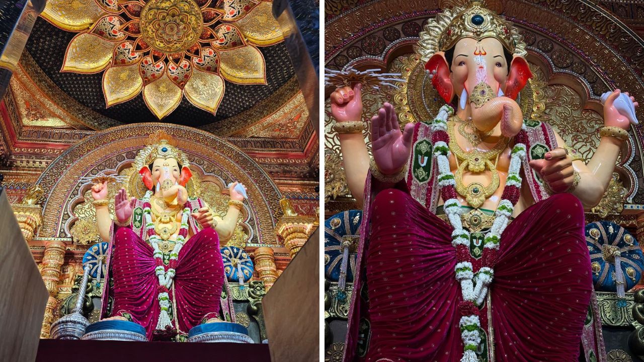 लालबागच्या राजाची पहिली झलक पाहून अनेकांचे डोळे भारावून गेले आहेत. लाल पितांबर आणि सोन्याच्या दागिन्यांनी सजलेल्या बाप्पाचा लुक अतिशय सुंदर आणि मंत्रमुग्ध करणारा दिसत आहे. 