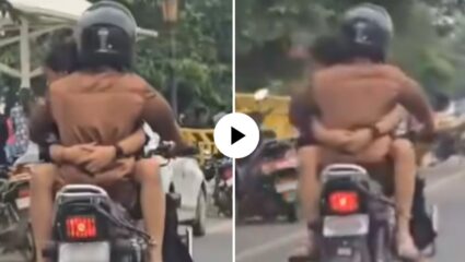 अरे काय चाललंय तरी काय? धावत्या बाईकवर कपल रोमान्सचा आणखी एक VIDEO ; पाहून नेटकरी संतापले म्हणाले,…