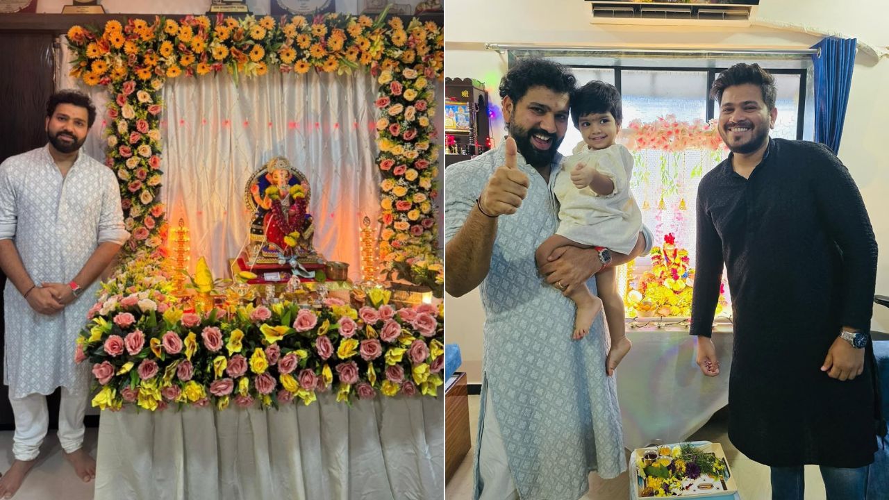भारताचा कर्णधार रोहित शर्माने इंस्टाग्रामवर एक फोटो शेअर केला आहे यामध्ये तो गणपती बाप्पाला नमन करताना दिसत आहे. यामध्ये त्याने निळ्या रंगाचा कुर्ता घातला आहे. फोटो सौजन्य - सोशल मिडिया