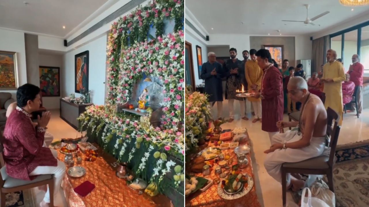 क्रिकेट देव सचिन तेंडुलकर याने सोशल मिडियावर एक व्हिडिओ  शेअर केला आहे, यामध्ये तो गणरायाची पुजा करताना दिसत आहे. गणेशोत्सवाच्या दिनी त्याने लाल रंगाचा कुर्ता घातला आहे. फोटो सौजन्य - सोशल मिडिया