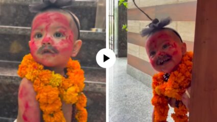 चिमुकल्याला केला भूल भुलैयामधील छोट्या पंडितचा लूक! लाल माखलेले शरीर, गळ्यात हार अन् क्युट रूप पाहून घायाळ व्हाल; Video Viral